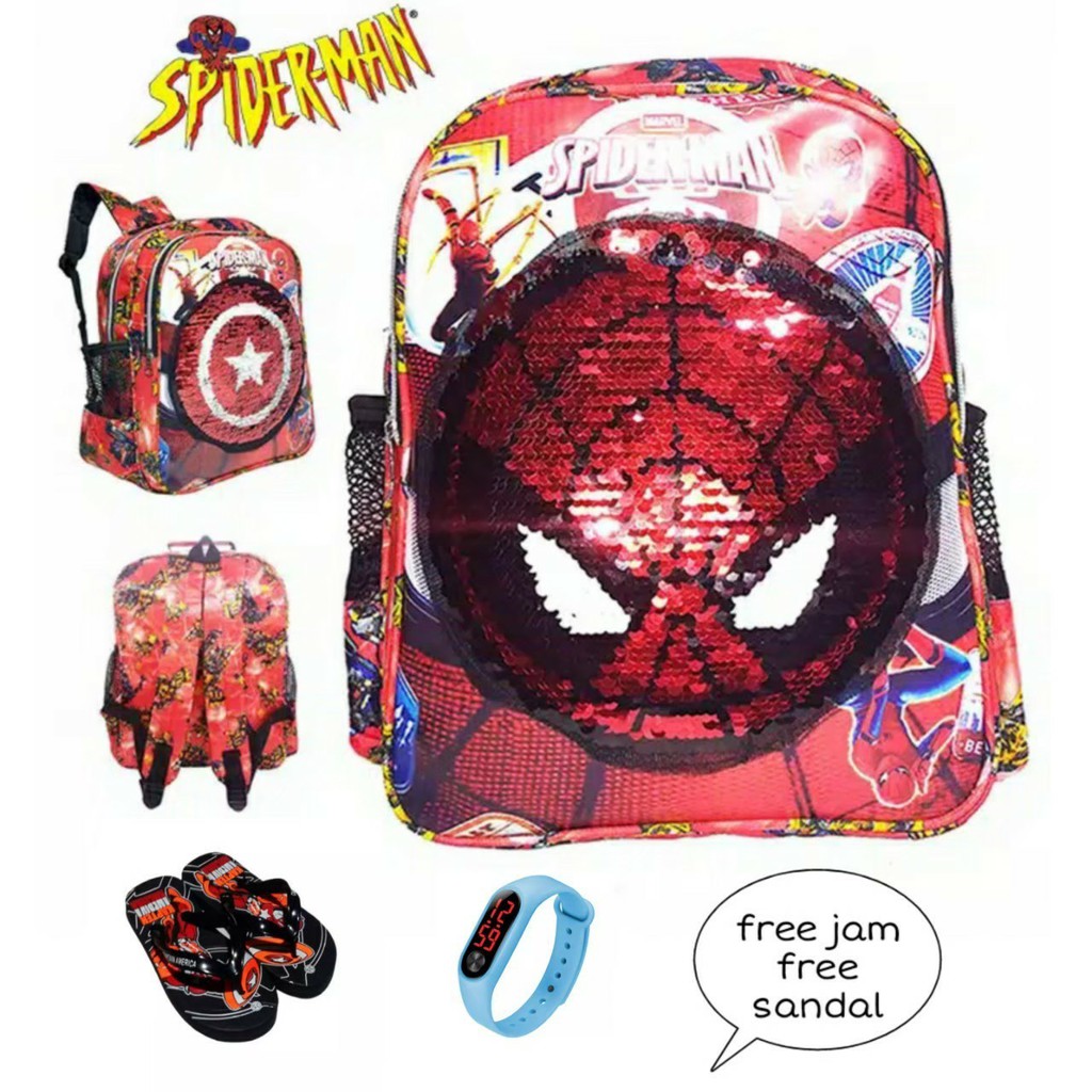 Tas Ransel Sekolah TK SD Tas Backpack Anak Laki Laki Model Spiderman free Sendal dan Jam Tangan