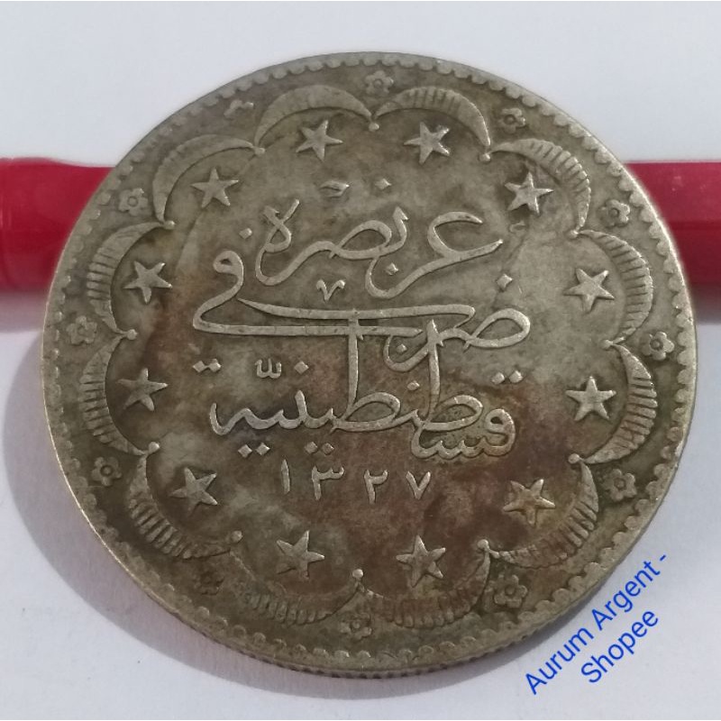 SD.38-- 1 PC KOIN PERAK KUNO ASLI 20 KURUSH KEKAISARAN OTTOMAN - SULTAN MUHAMMAD-V TH 1917. -- SILVE