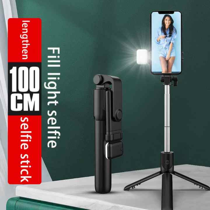 Tripod Tongsis H1S Selfie Stick Bluetooth 2 LED Flash High Quality