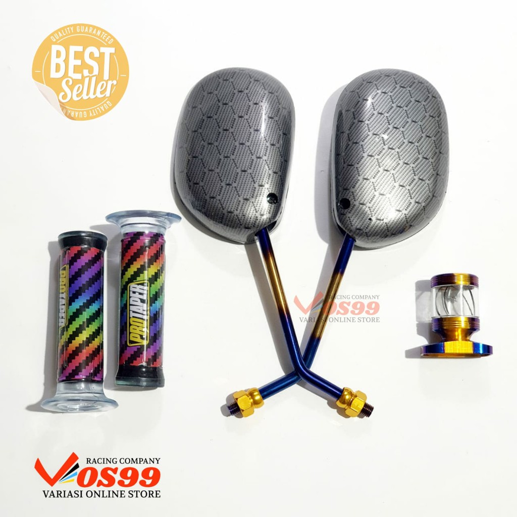 PAKET SPION MIO CARBON TANGKAI TWOTONE + GRIP PELANGI + STEMPEL KACA YAMAHA