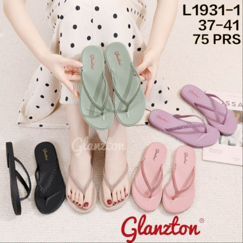 L1931-1 Sandal Jepit Karet Jelly Wanita Tali Glitter Blink Glanzton Import L1931 Impor Glanston Glaston Sendal Japit Flat Cewek Perempuan Gliter L1913-1 L1912 L1913 L1870 Teplek Anti Air Terbaru Murah 37-41