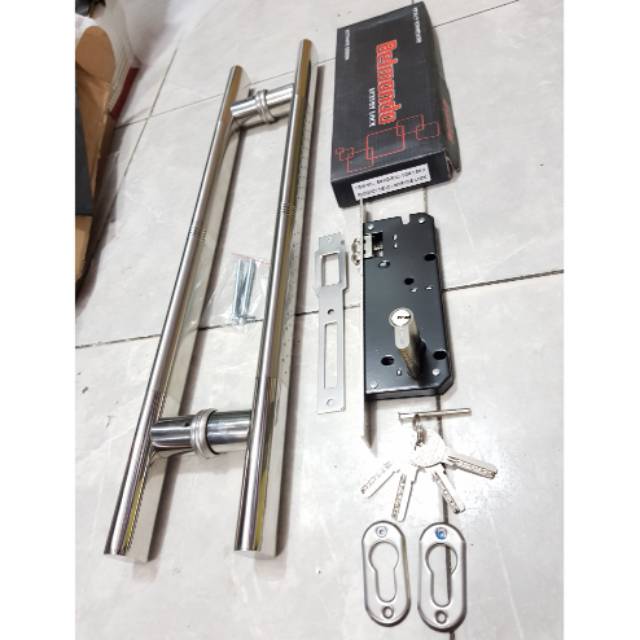 Paket handle pintu stainless baut tembus oval 60cm 1set + body pelor