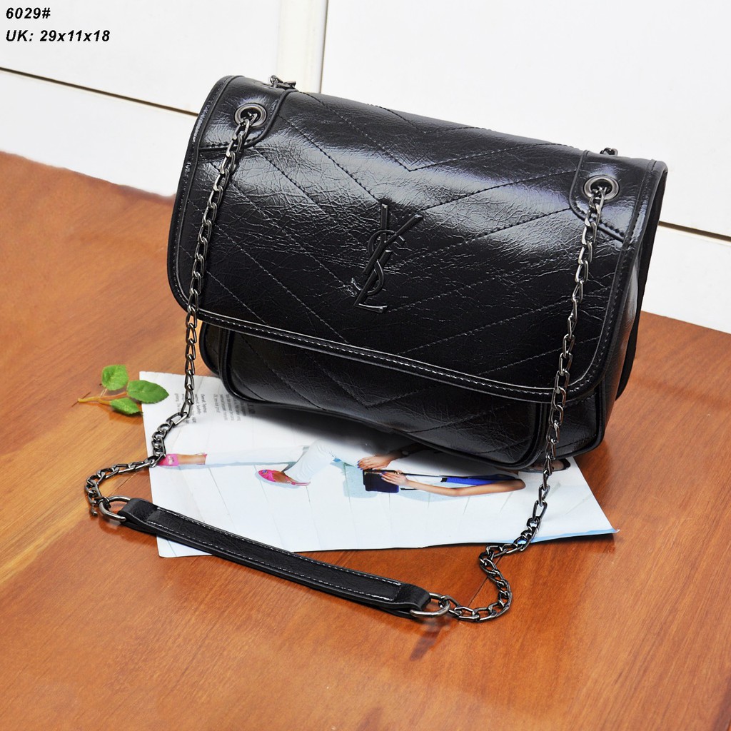 Supplier Tas Branded Tas YSL Niki Chain Chevron Leather Medium HITAM Semprem 6029