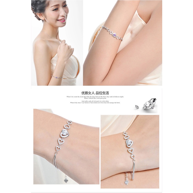 Gelang Desain Hati Aksen Berlian Putih Ungu Bahan Stainless Steel 925