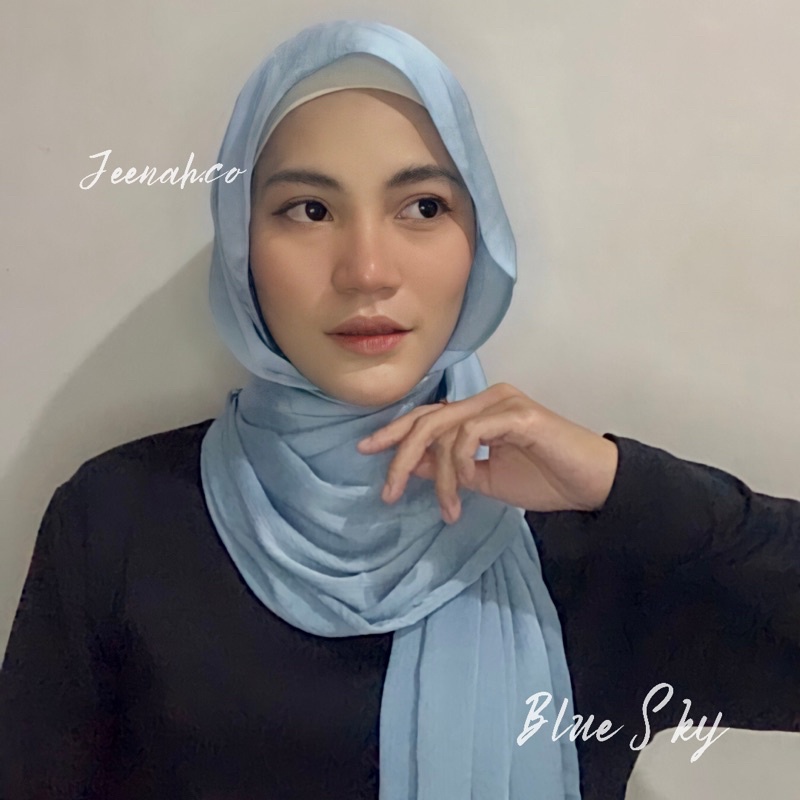 Pashmina Premium Satin Silk Malaysia Textured Crinkle (JAHIT TEPI KECIL SUPER RAPI)-Blue Sky