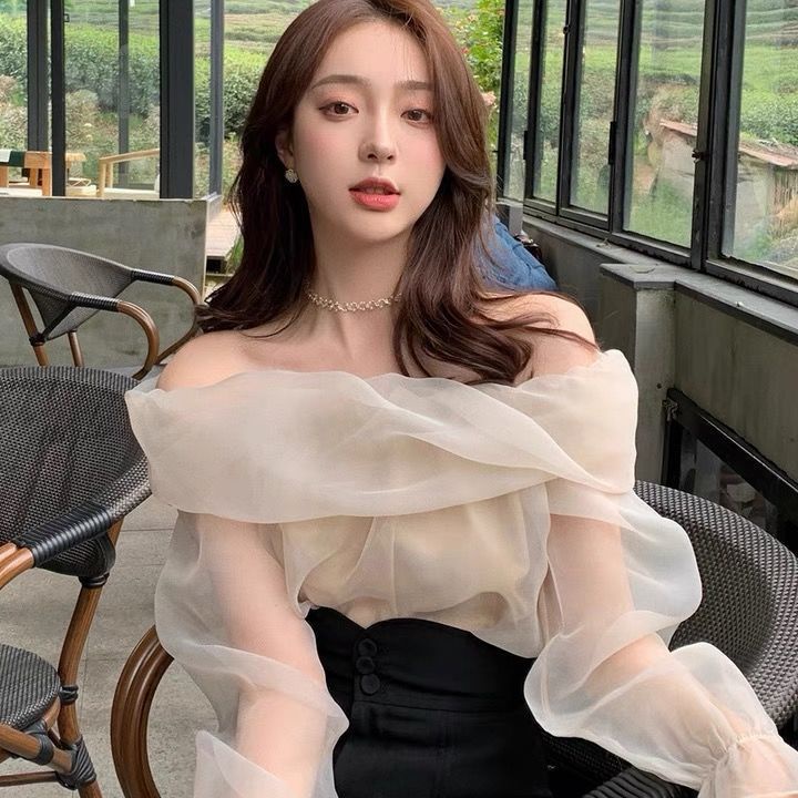 Suhao Lin Shanshan &quot;Peri Hazy&quot; Satu kata leher off-shoulder kemeja sifon peri wanita atasan lembut