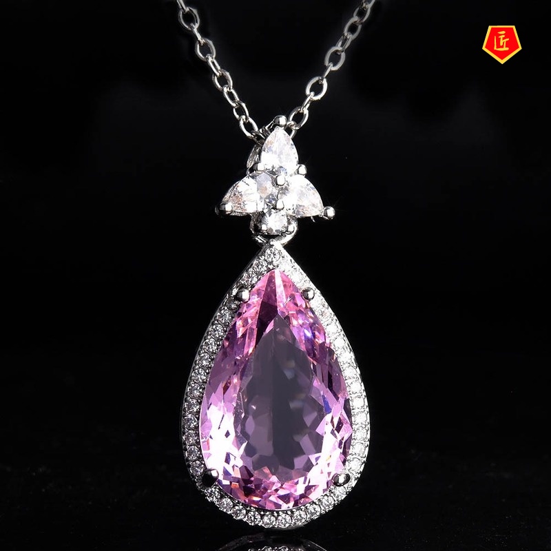 [Ready Stock]Elegant Blue Pear-Shaped Pendant Pink Crystal Gems Necklace for Women