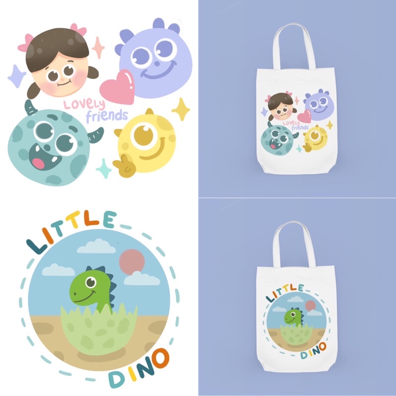 Tote Bag Bergambar Cute Karakter Dino/Monster/Zoo