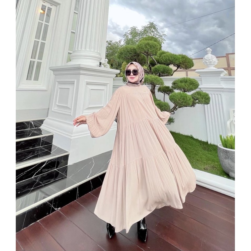 Glow Dress Maxi Shella Polos / Gamis Import Wanita Lengan Balon