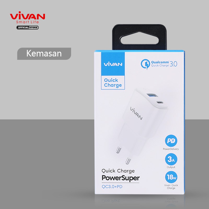 Charger VIVAN Power Super Fast Charging Dual Port USB (QC3.0) &amp; Type-C (PD) 3A 18W Garansi 1 Tahun