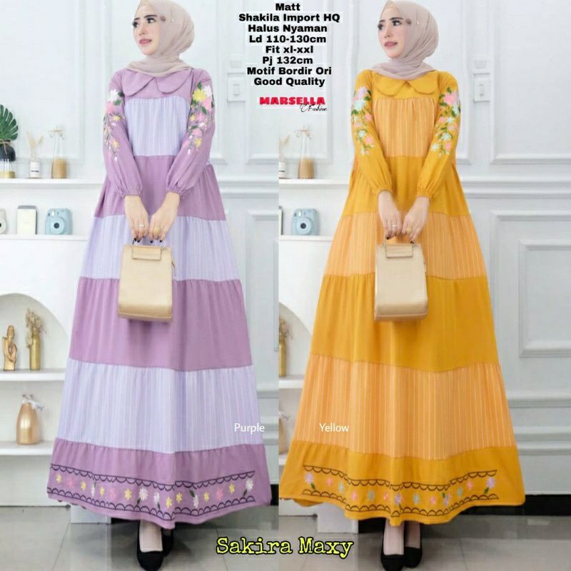 Sakira Maxy, GAMIS MUSLIM CANTIK FIT XXL LD 126 BAHAN SHAKILA IMPORT MIX BORDIR TERMURAH OOTD