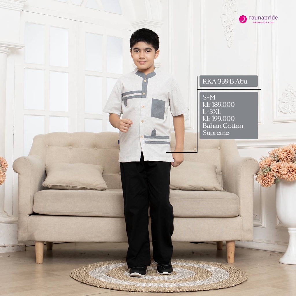 Baju Koko Set Setelan Anak Laki-Laki Lengan Pendek Katun Supreme RKA-339 B Warna Abu Ori Original Ra