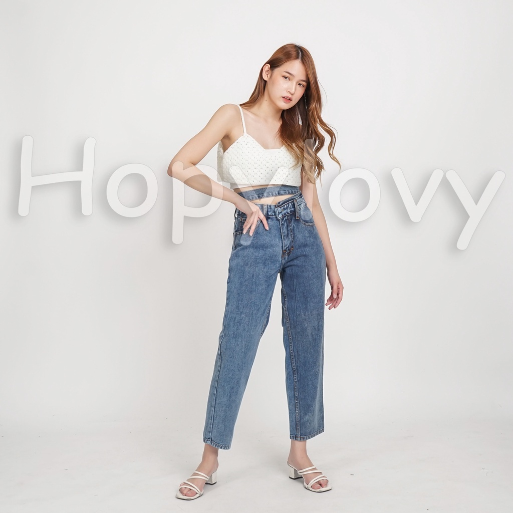 HOPYLOVY Celana Boyfriend Loose Jeans Wanita Pinggang Tali Double BF Highwaist Aneta