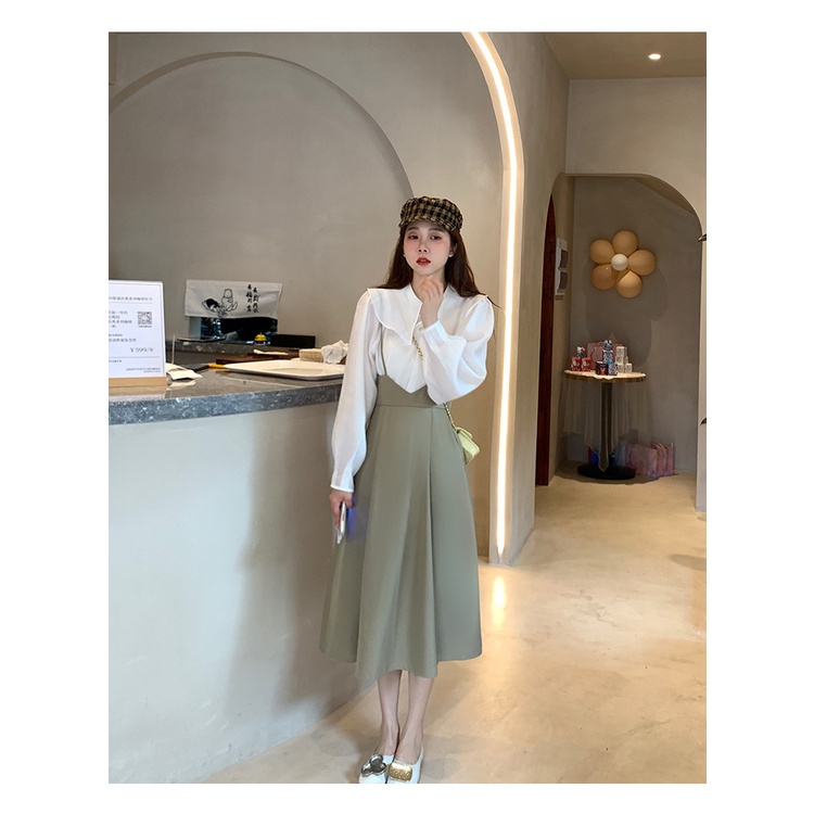 [littlecrab] Dress Wanita Hijau Putih Set 2 Pcs Dress Simple Elegan Dress Kerja Lengan Panjang Classic Simple Two Tone Dress Berkualitas High Quality Korean Style