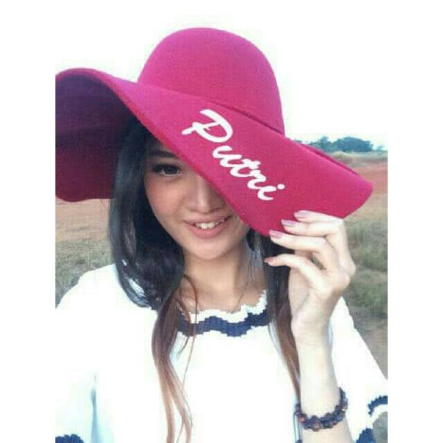 Gratis 1 beli 10 topi pantai bludru halus custom bordir request nama di daun topi DEWASA