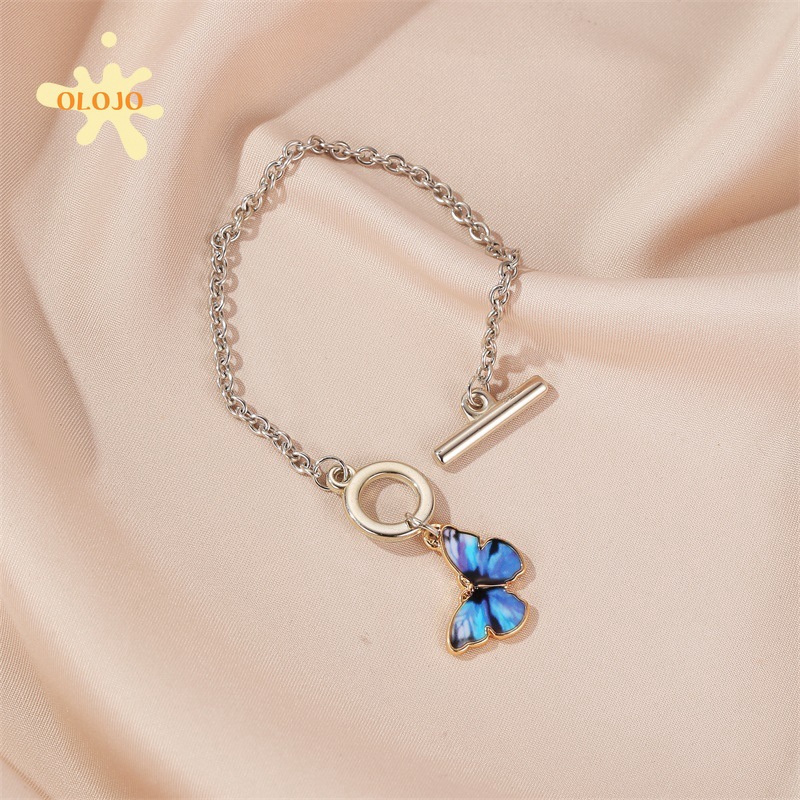 OLOJO Korea Kupu-kupu Pola Kalung Gelang Biru Butterfly Klavikula Rantai Dekorasi Perhiasan