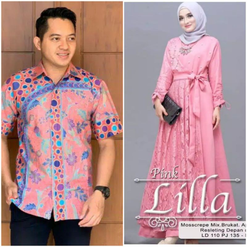 Gamis couple brukat batik pink muda