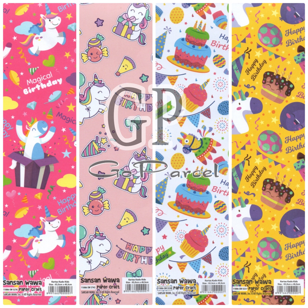 ( 5 Lembar ) UNICORN BIRTHDAY SANWA - KERTAS KADO - GIFT WRAP PAPER SANSAN WAWA FLAMINGGO BIRTHDAY GIRL / ULANG TAHUN KADO KUDA PONY CUTE ANIMAL BDAY