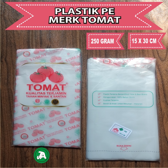 

Plastik PE 15 x 30 Cm Kemasan Makanan Plastik PE Merk Tomat 250 Gram