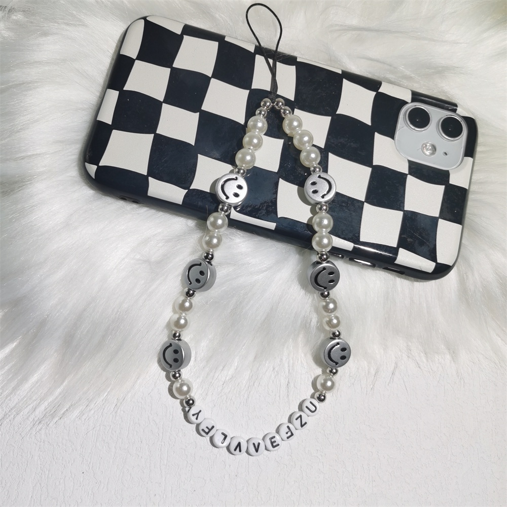 Tali Lanyard Manik-Manik Akrilik Motif Smiley Face Warna Silver Anti Hilang Untuk Handphone