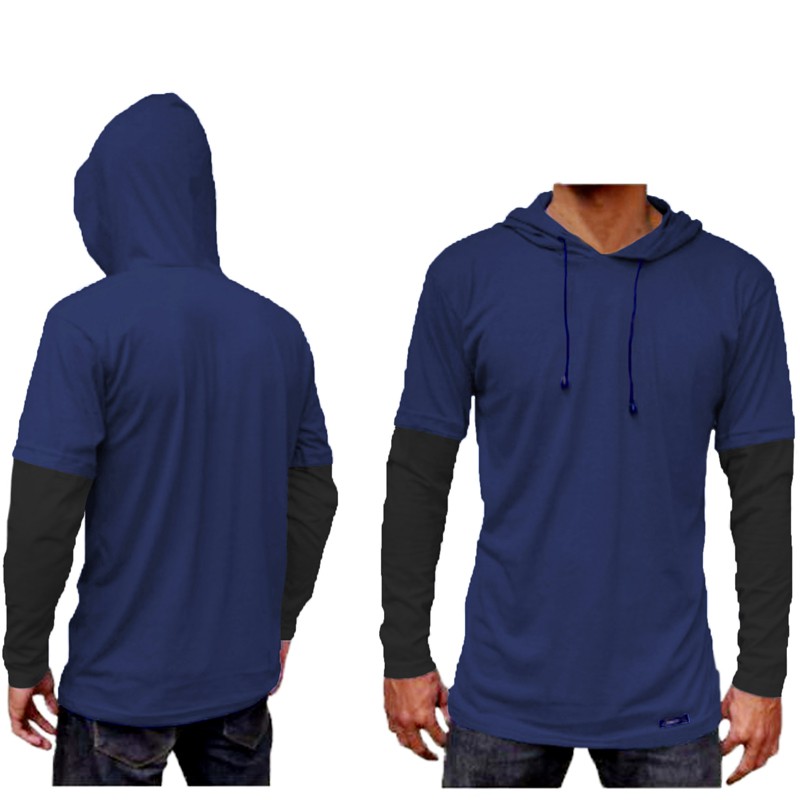 KAOS POLOS HOODIE DOUBLE LAYER LENGAN PANJANG/size m,l,xl /pria/wanita/terlaris /termurah/terbaru/bandung-biru navy+hitam