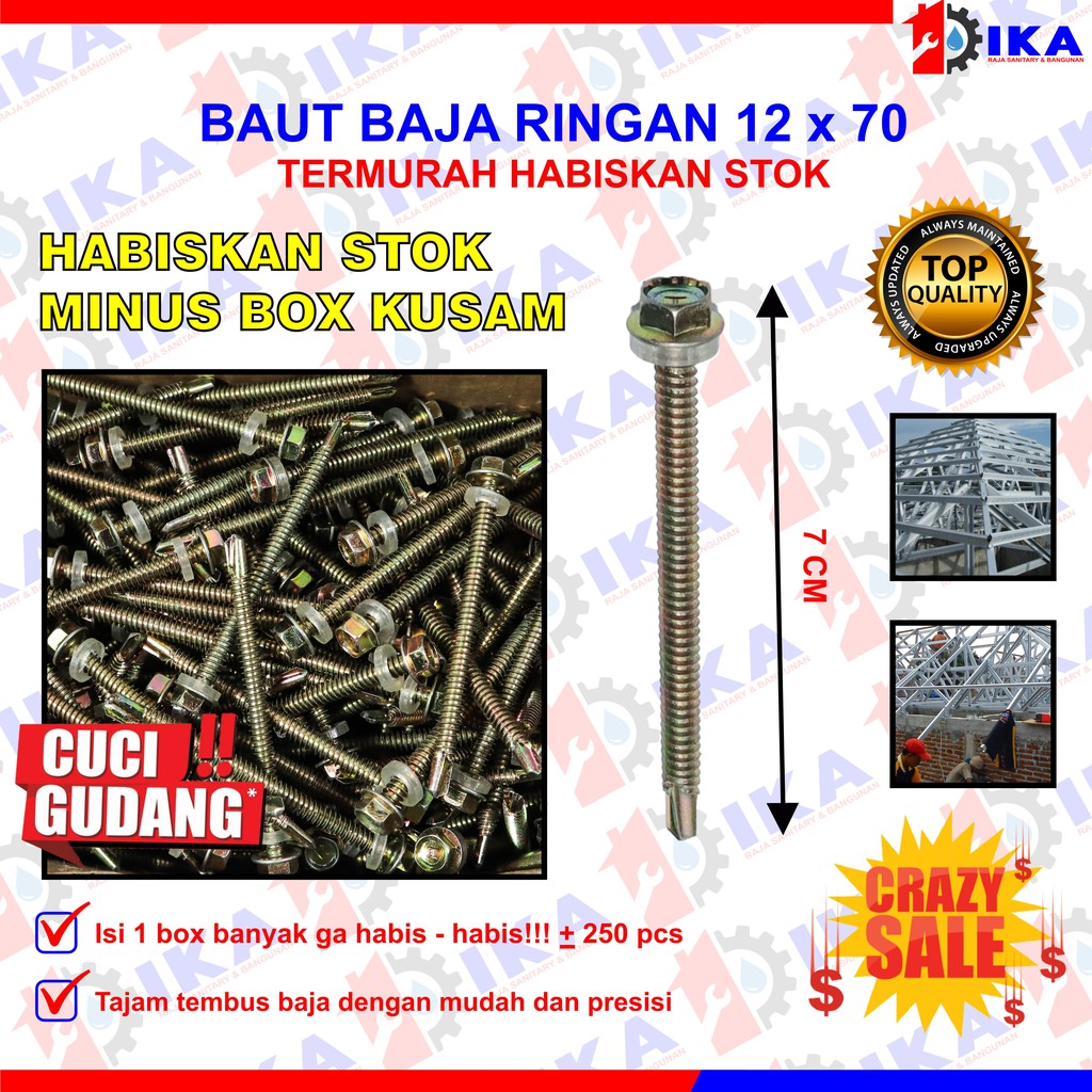 Cuci Gudang Baut Baja Ringan Baut Roofing 12x70 Harga 1 kotak isi -/+ 250 pcs Murah Terbatas