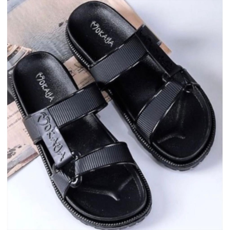 Sandal Slop Jelly Semi Gunung Sama Warna Ban Strip Mokaya Super Keren Cantik Elegant Casual Import Mokaya / Size 36-40 (2029-13/2029-B50)-Hitam