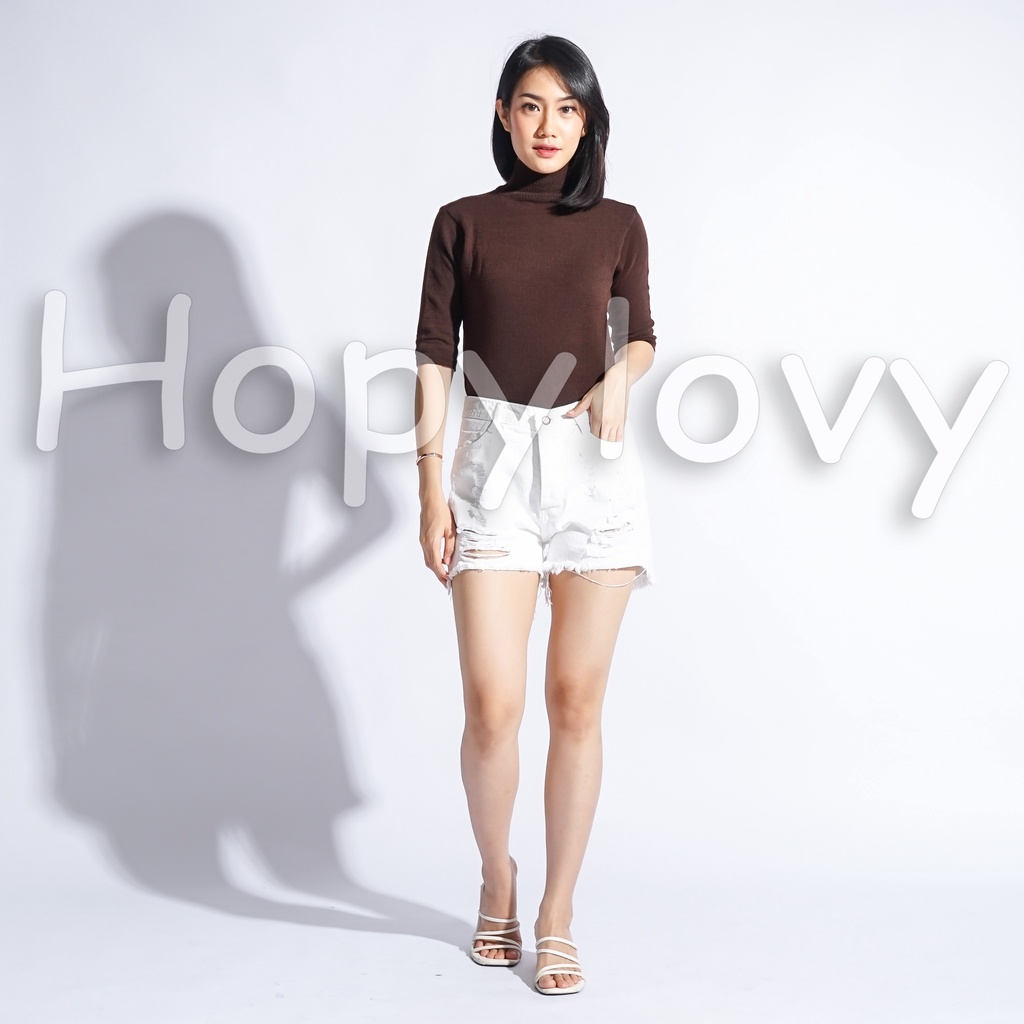 HOPYLOVY Blouse Rajut Turtleneck Wanita Lengan 3 per 4 Rafika