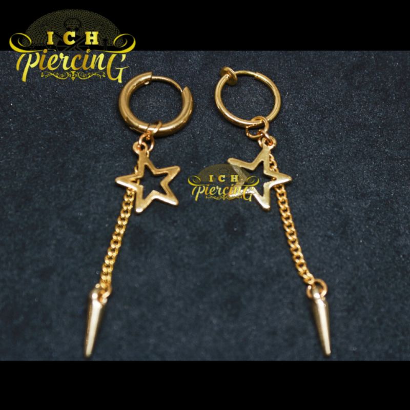 anting Hoop bintang rantai bandul gold / anting tindik dan jepit titanium warna gold / ICH PIERCING