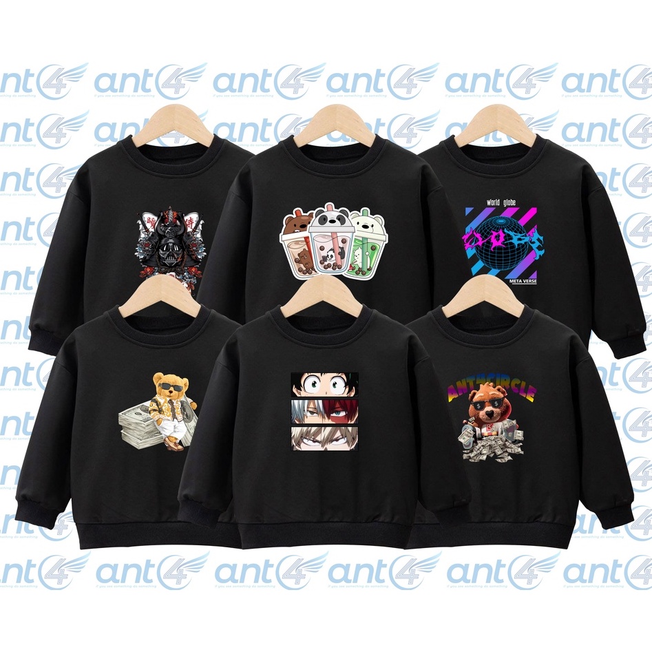 sweater anak warna hitam usia 7 8 9 10 11 12 tahun / jaket switer crewneck anak laki laki perempuan best seller terbaru