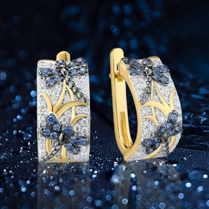 Anting Hoop 18k Gold Desain Capung Aksen Batu Sapphire Biru Untuk Pernikahan