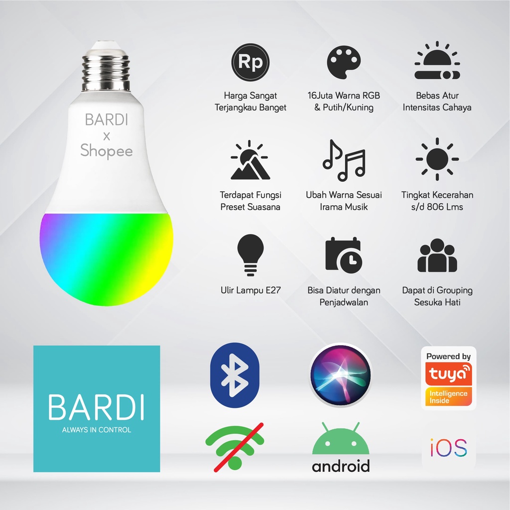 BARDI Smart LED BLUETOOTH 9W RGBWW Bulb Original - lampu tidur terbaik