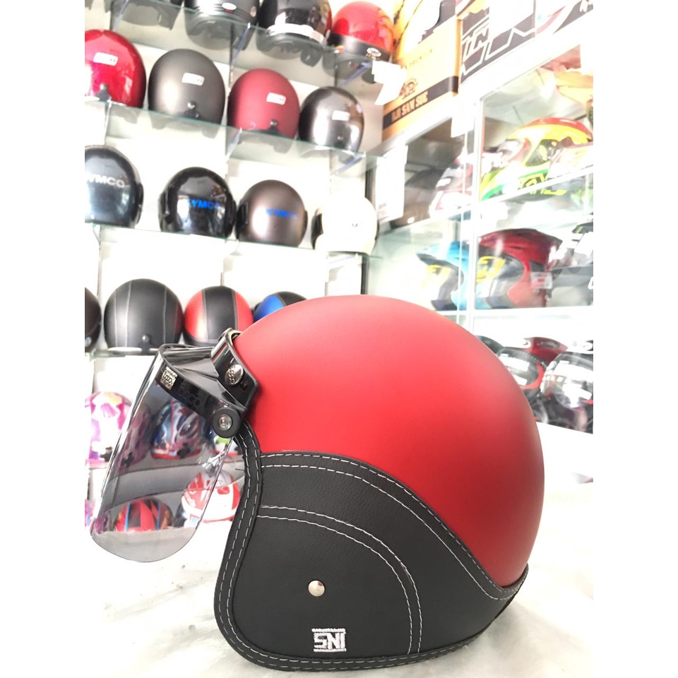 AIZO Helm Semi Kulit Half Face Kaca Bogo Datar Original Merah DoffStandarKeamananSNICODkardus+Bubble
