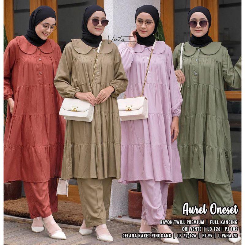 Setelan Aurel One Set Jumbo Rayon Motif Polos Setelan Wanita  Stelan Terbaru setelan muslim