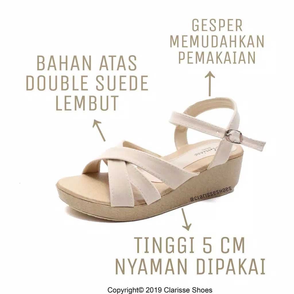 CS JOG Clarisse Wedges Wanita KIRANA REALPICT  5cm Tali Silang Krem Hitam Black Cream-4