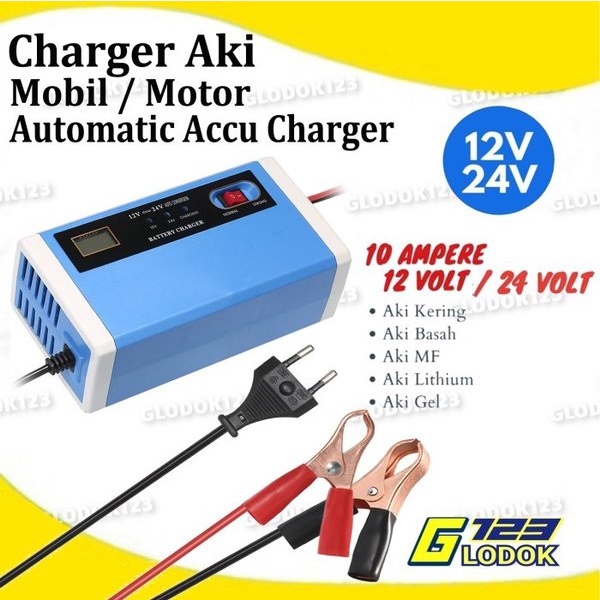 Charger Aki Portable 12-24V Volt 10A Mobil Motor Intelligent Chip LCD