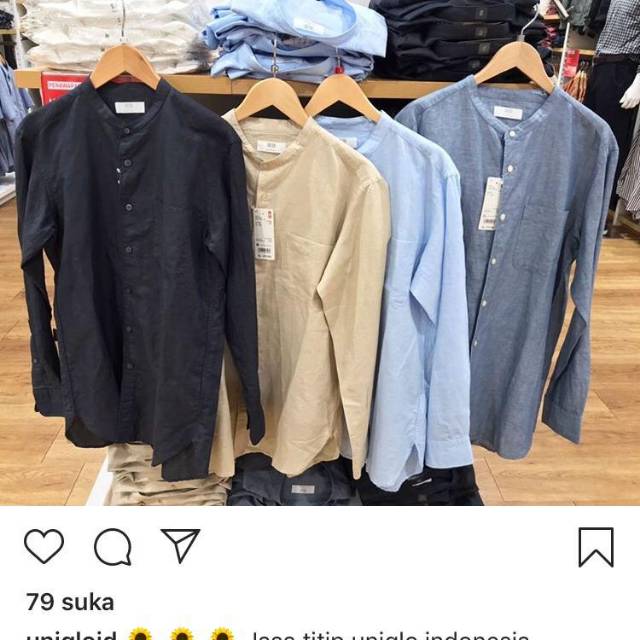  Kemeja  Linen Kerah  Tegak  Lengan Panjang Original Uniqlo  