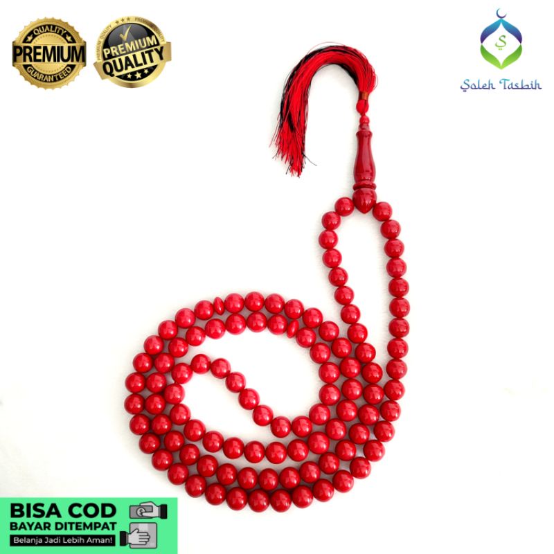 Tasbih Red Coral Marjan Merah Asli, Size 12mm Motif Kepala Panjang!! Tasbih 99 Butir