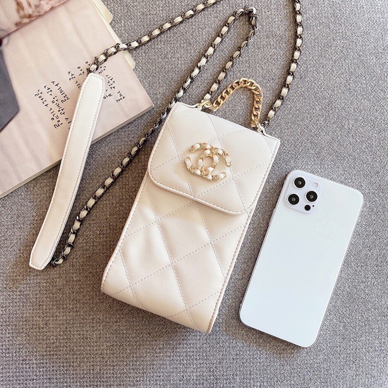 Casing Pouch HP PU Emboss Luxury Brand + Tali Selempang Rantai Untuk semua tipe HP