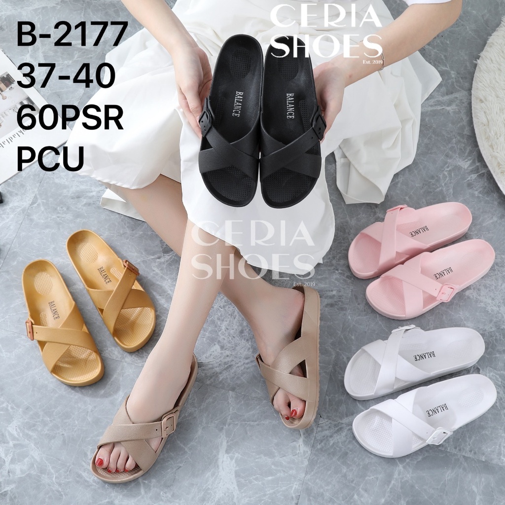 BALANCE Sandal Slop Wanita Rubber PVC Empuk Motif Gesper Cross X Karet Elastis Non-Slip Anti Air 217