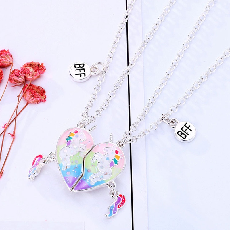 2pcs / Set Kalung Rantai Magnet Dengan Liontin Unicorn Warna-Warni Untuk Sahabat