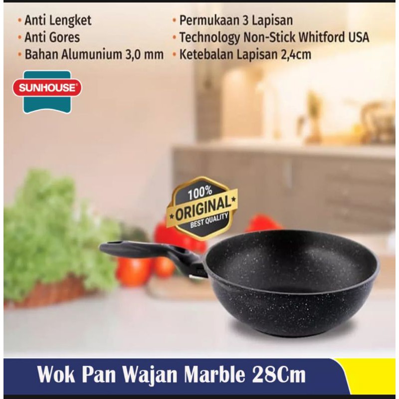 Sunhouse SBDS28 Marble Frying Pan Wok Anti Lengket Hitam 28 cm 1 Pcs