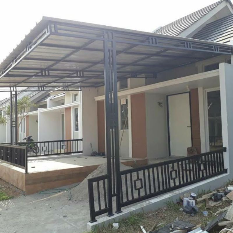 kanopi besi hollow kontruksi double atap spandex