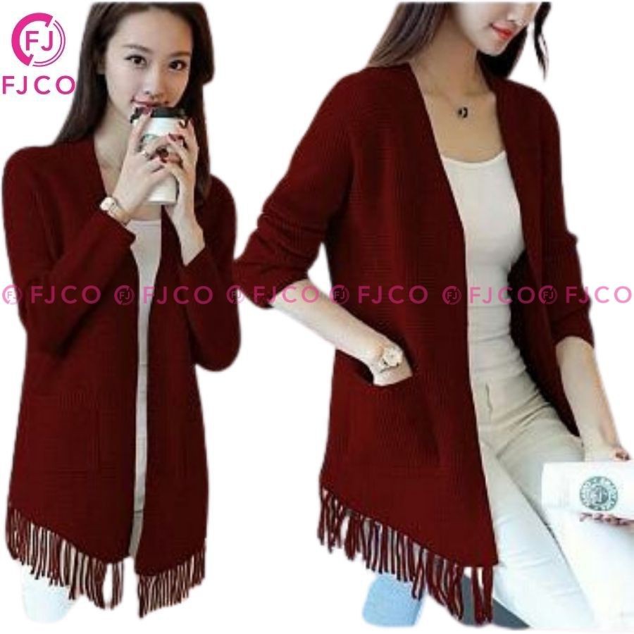 FJCO - Cardigan Wanita Oversize Jumbo Korea Cardigan Rajut Jumbo Cardigan Rajut Rumbai-maroon