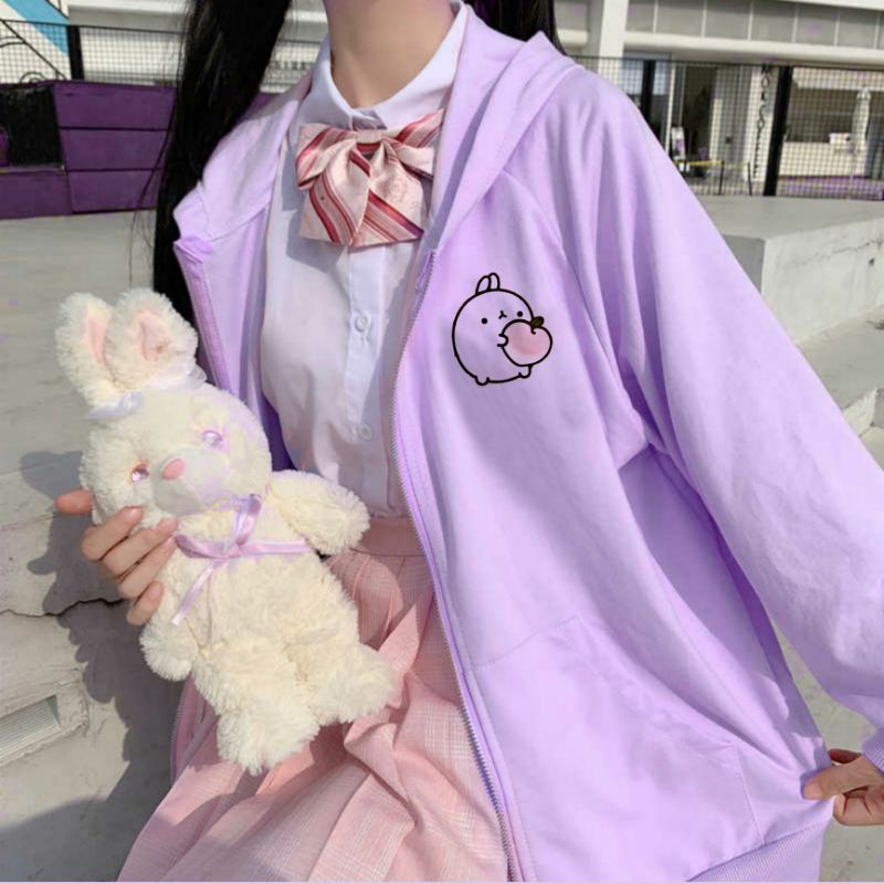 (S - 6XL) Zip Hoodie Cute Cartoon LILAC Lavender BIGSIZE OVERSIZE Jaket Resleting Korean Style Hijab Style Ungu Violet Jumbo Unisex peach Peachy Soft Pastel