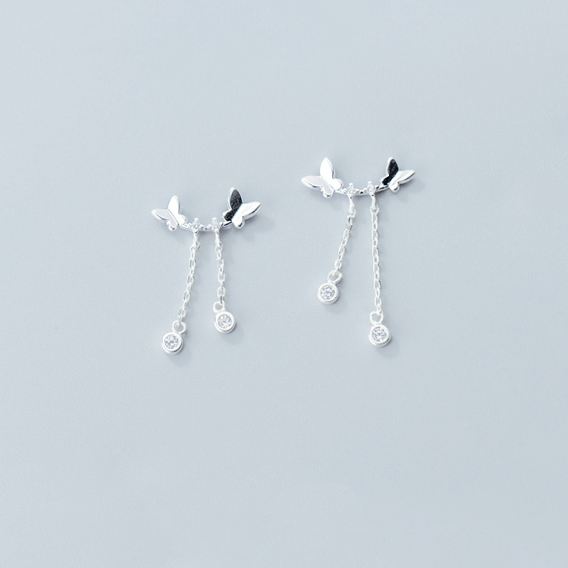 Anting Kupu Perak Charm Butterfly Silver Earring Stud Korea Tassel Crystal Dangle Earrings for Women Jewelry Gift Hot