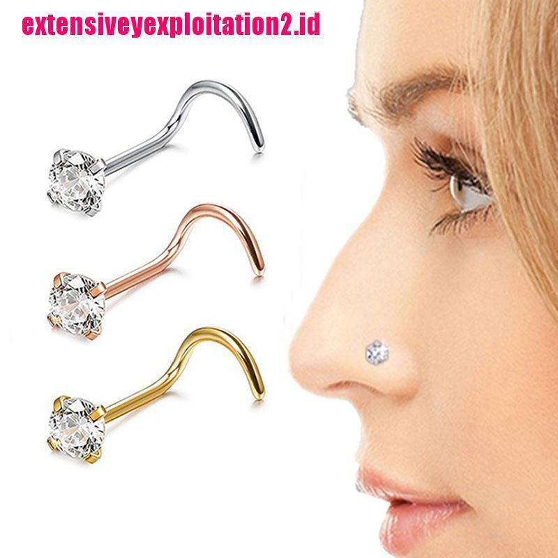 1pc Cincin Tindik Hidung Bahan Stainless Steel Hias Kristal