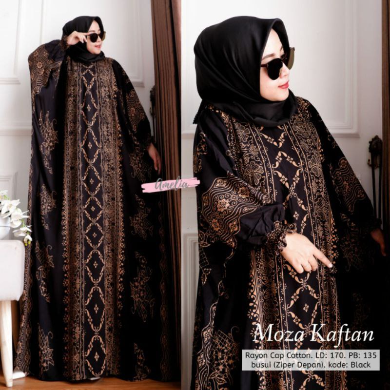 Moza Kaftan Long Dress Jumbo Daily Busui Motif Cap Bahan Rayon by Amelia Gamis Jumbo Gamis Kelelawar