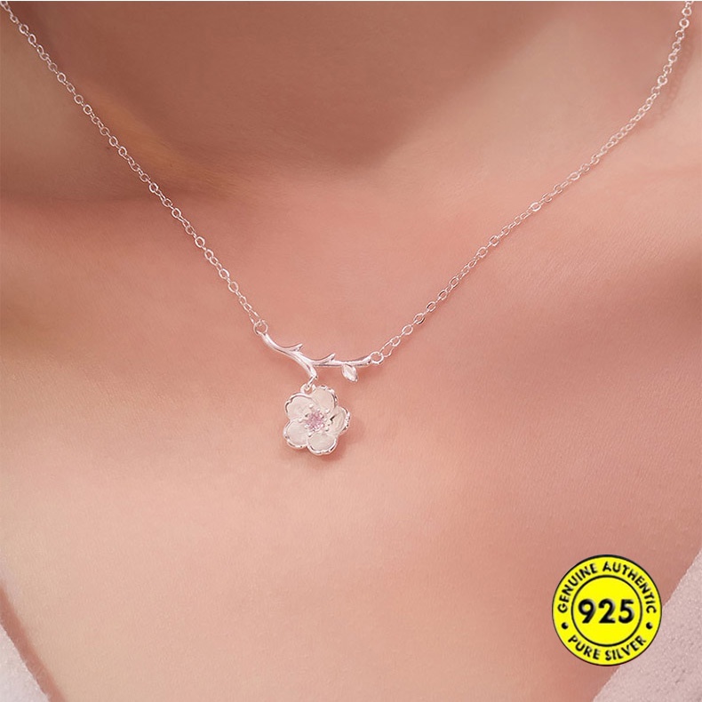 Kalung Rantai Sterling Silver 925 Dengan Liontin Bunga Sakura Untuk Wanita