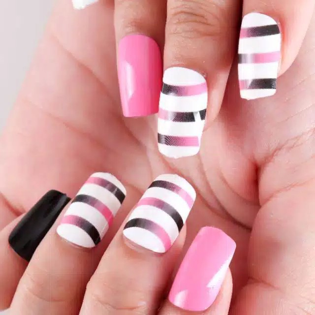 KUKU PALSU KARAKTER PRINTED NAILS KODE ROSE BLASTER PINK WHITE BLACK